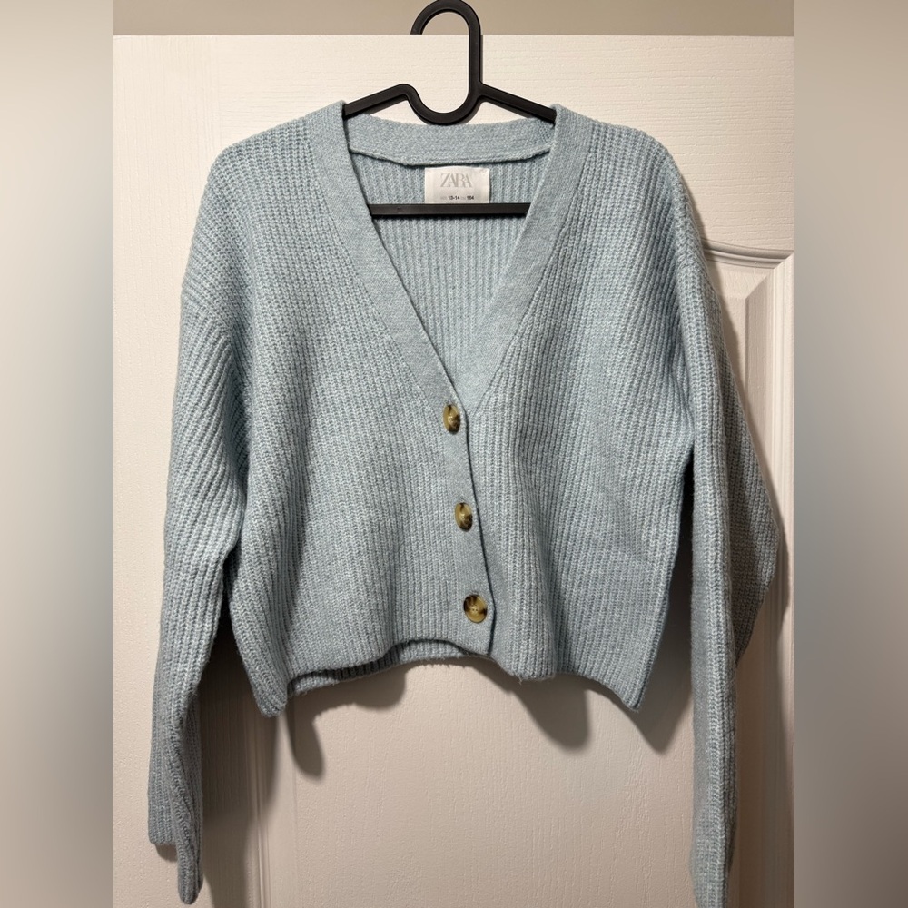 Zara Blue Cardigan Sweater V-Neck Ribbed